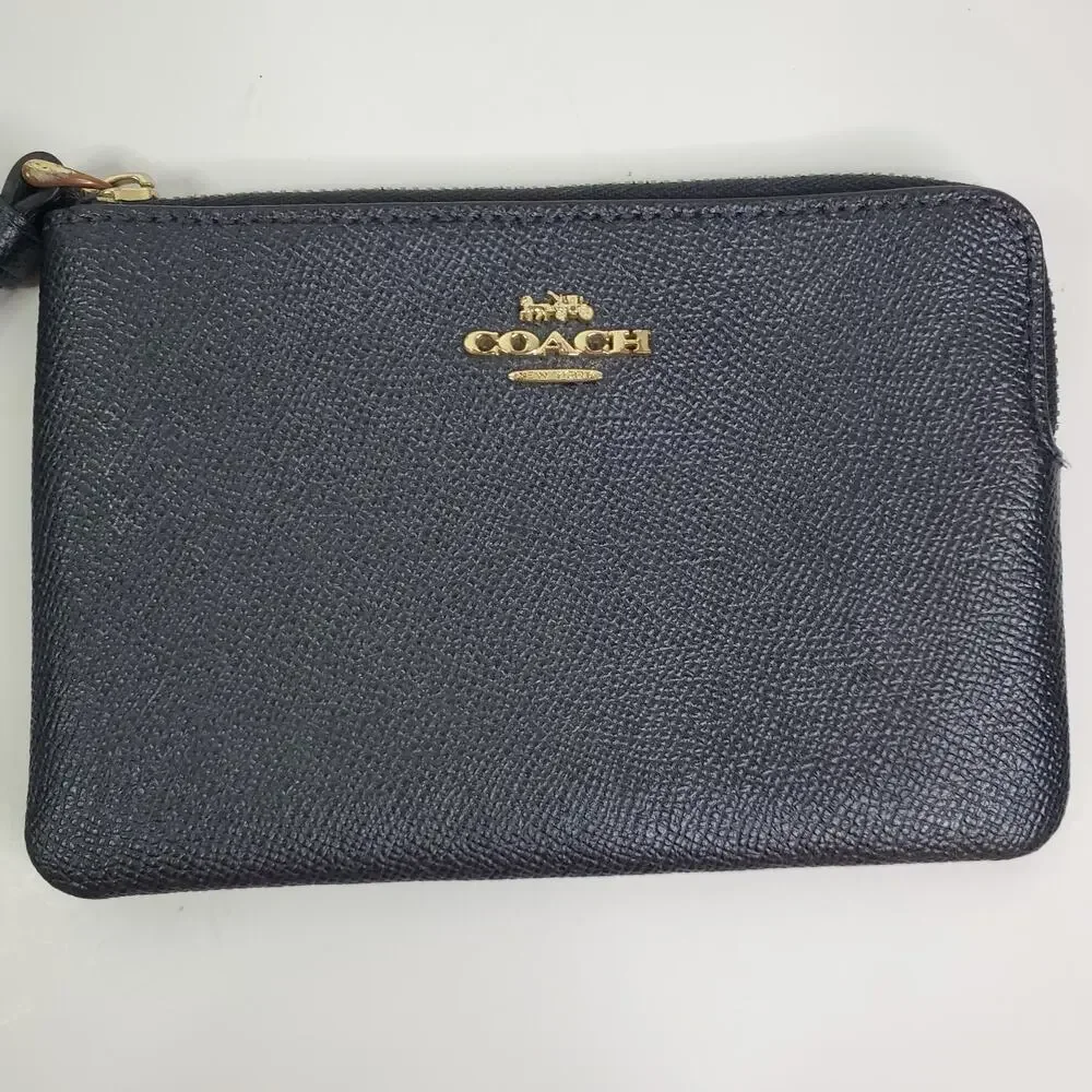 Coach Corner Zip Crossgrain Leather Wristlet Blue corner zip small wristlet